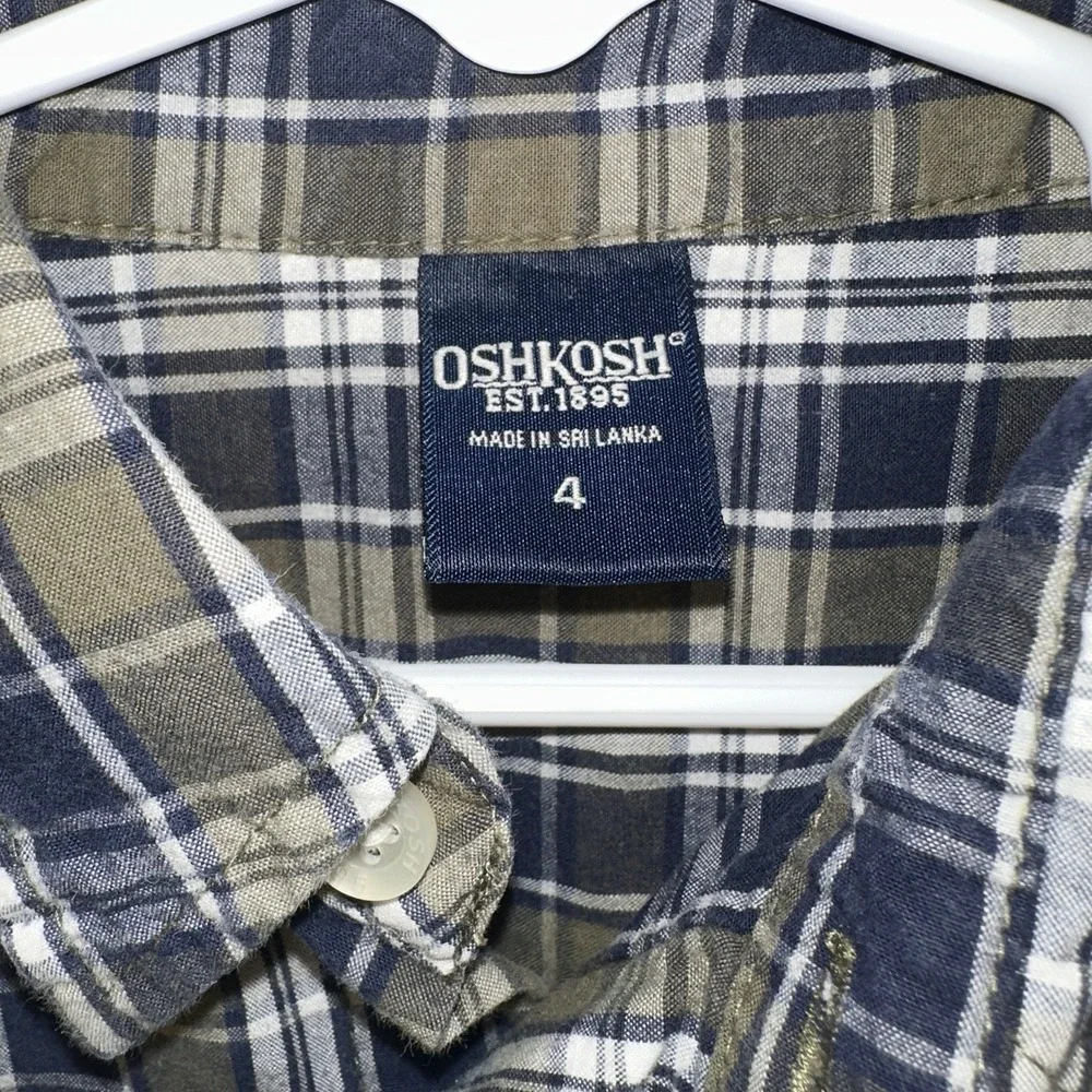 OshKosh B'Gosh Toddler Boys 4T Vtg‎ USA Blue Plaid Button Up Shirt Long Sleeve
